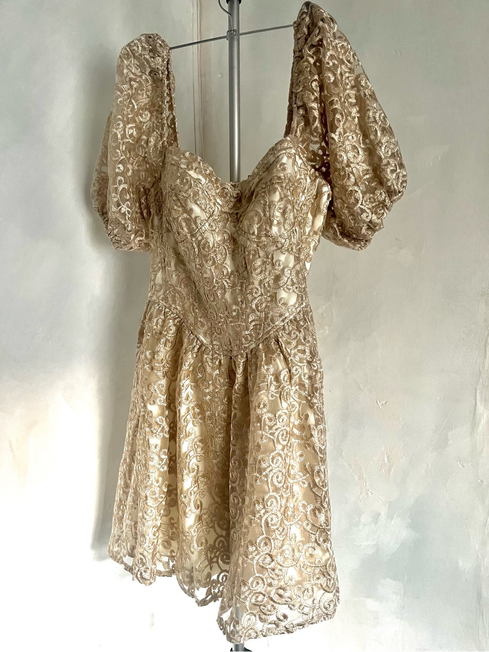Storia Champagne Lace Puff-Sleeve Mini Dress